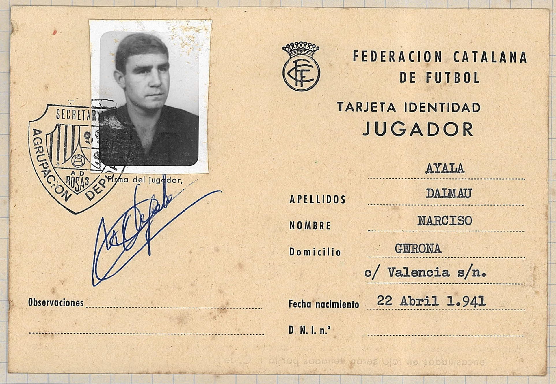 Fitxa del jugador de l'AE Roses Narcís Ayala Dalmau