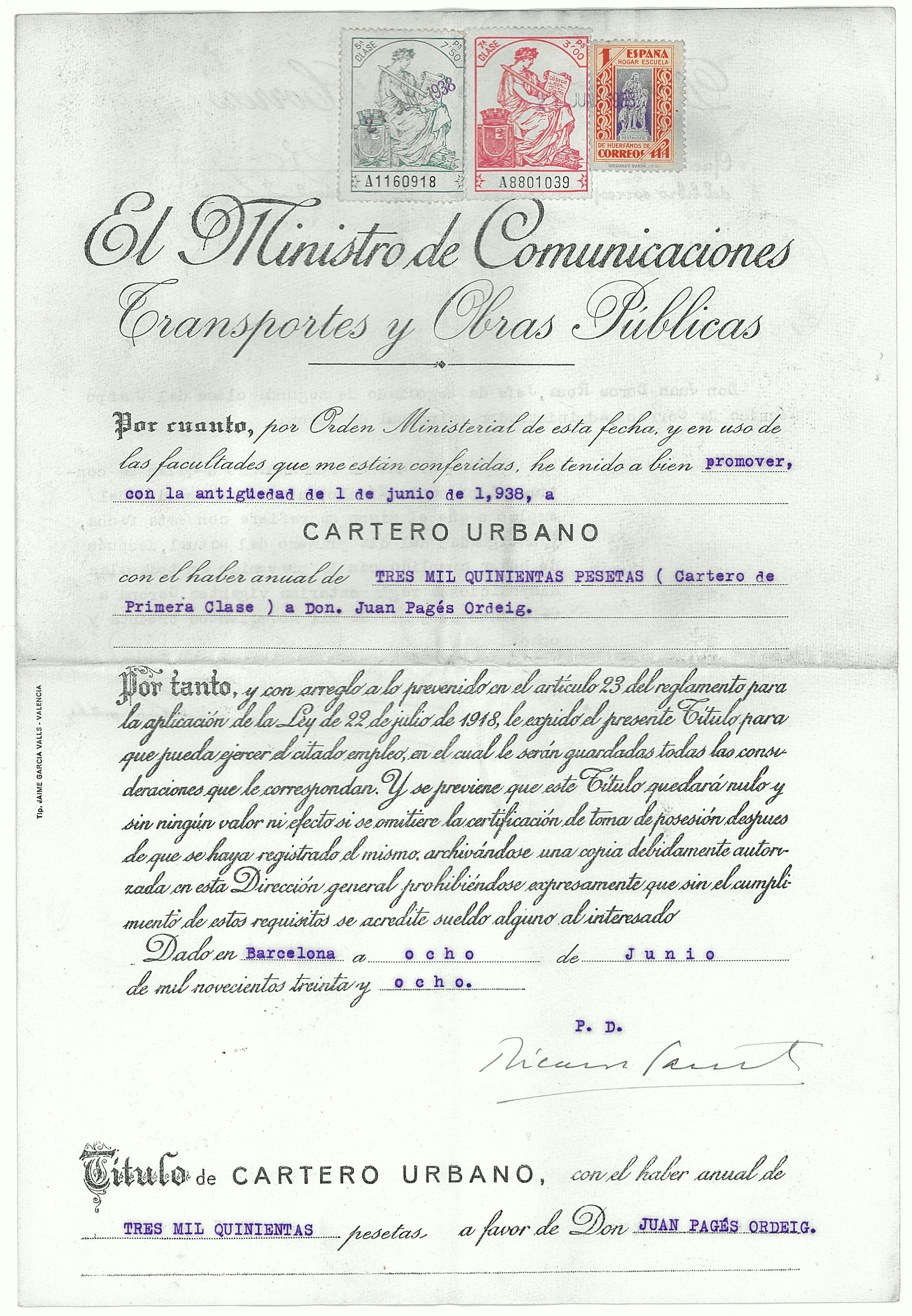 Títol de carter urbà de Joan Pagès Ordeig