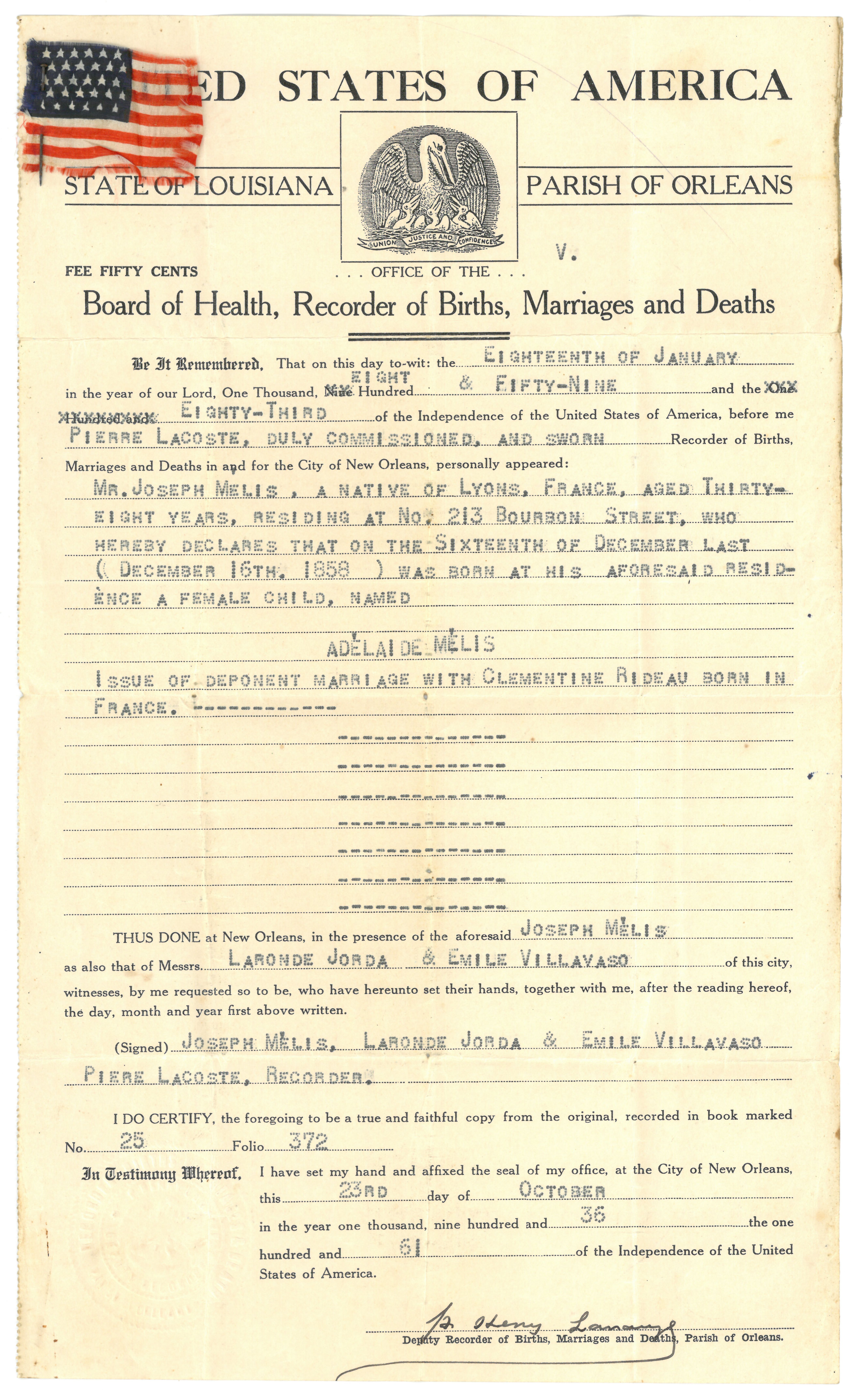 Certificat de naixement d'Adela Mélis