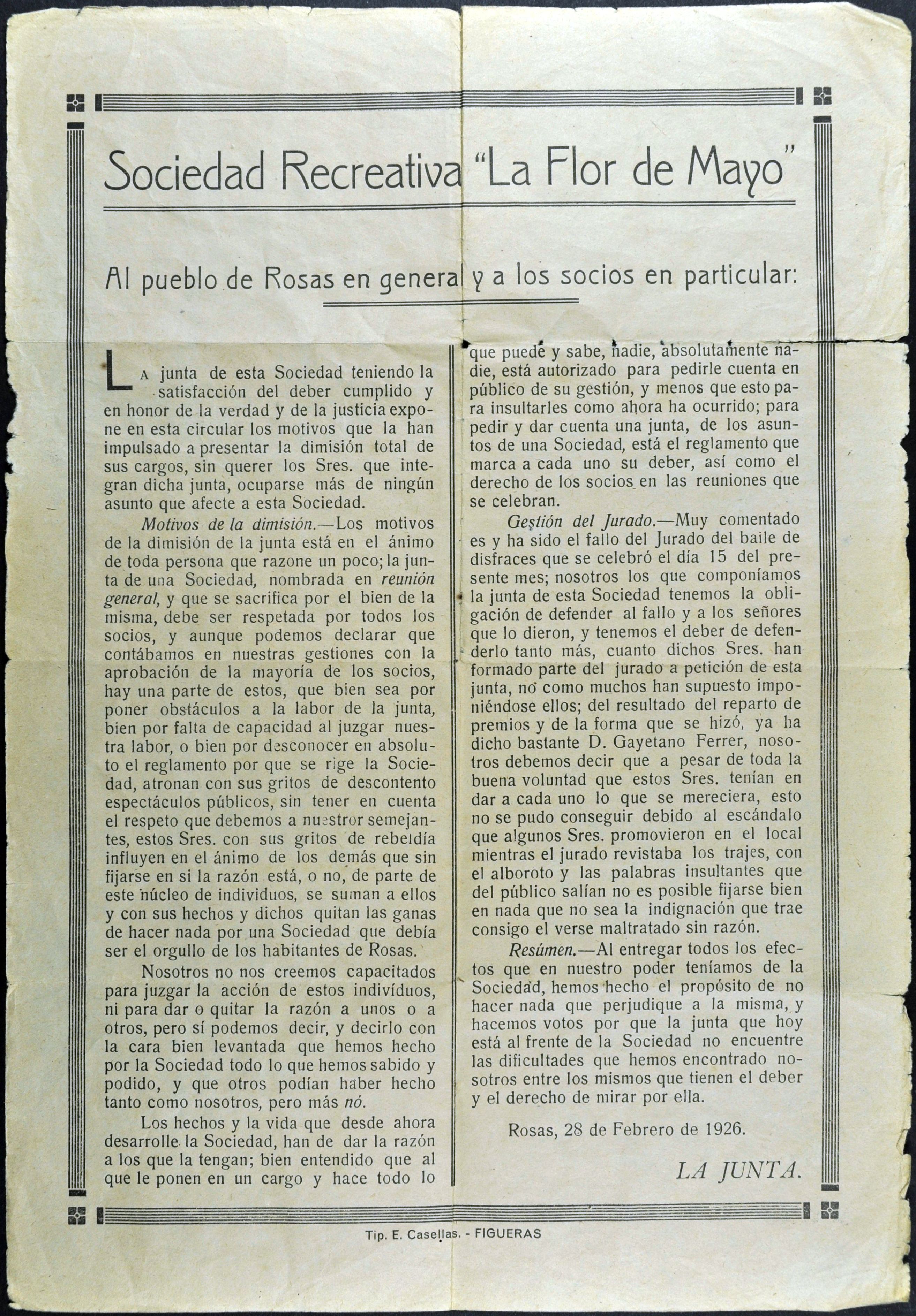 Carta de la junta directiva de la Flor de Maig