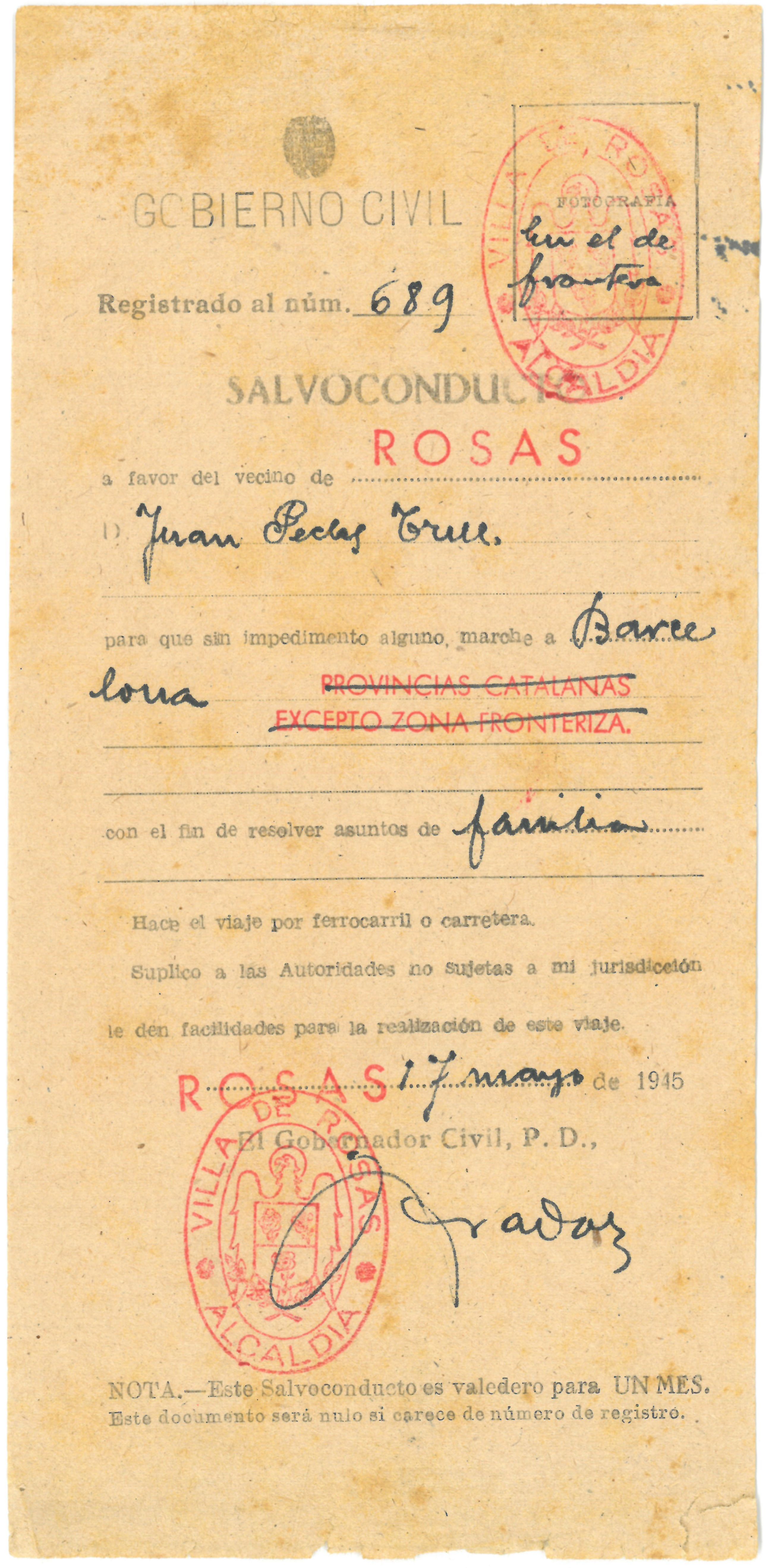 Salconduit de frontera del Govern Civil 